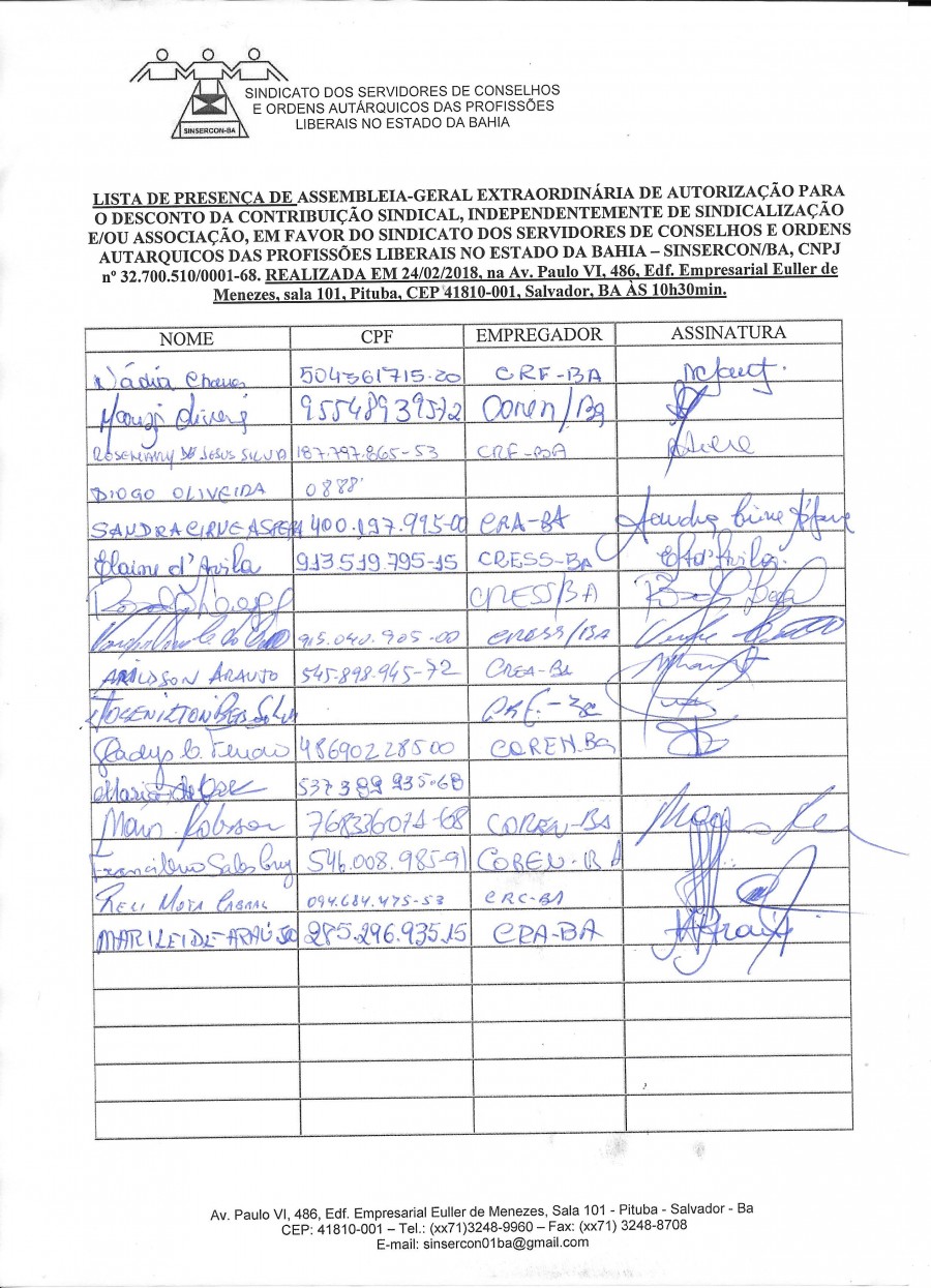 Lista de presença Ata Contribuição sindical 2018