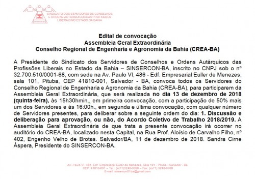 Edital de AGE 2018 do CREA BA 13.12.2018