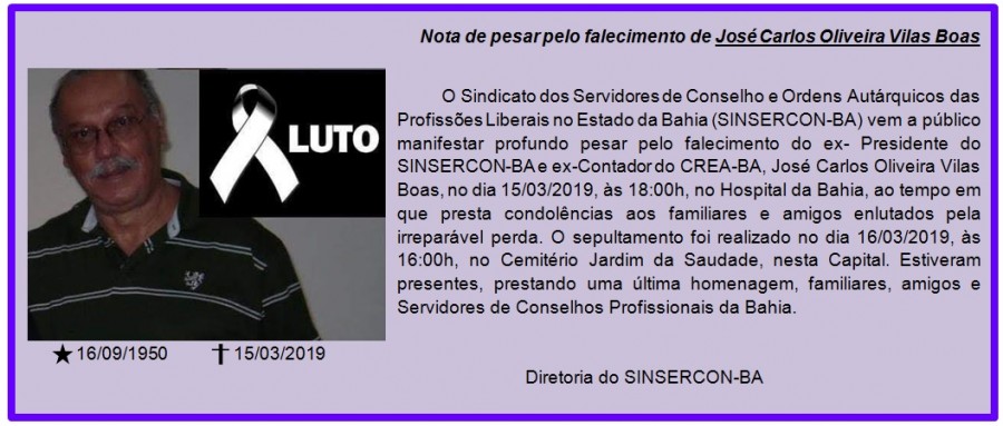 Nota de pesar do SINSERCON-BA