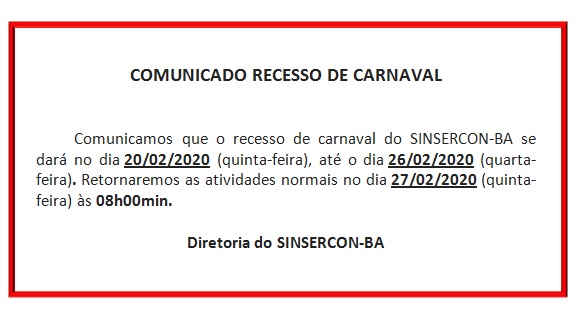 comunicado recesso de carnaval