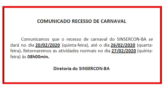 comunicado recesso de carnaval